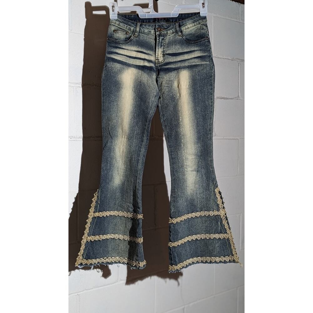Huadi Flare Denim Jeans Acid Wash Lace Trim Floral Inset Bell Bottom Y2K 4
